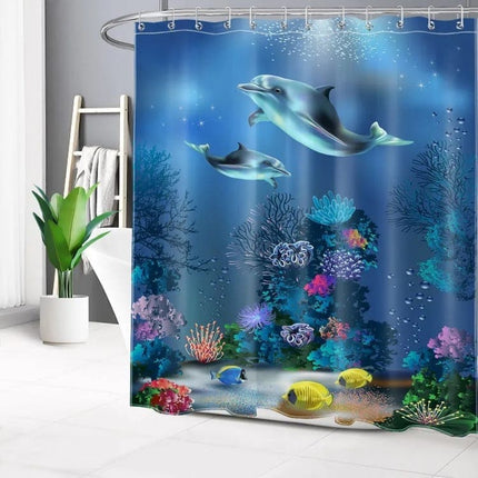 Waterproof Shower Curtain with Sea Turtle and Dolphin Motif, 180x180 cm, Dark Blue, Mildew Resistant.