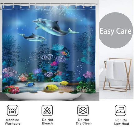 Waterproof Shower Curtain with Sea Turtle and Dolphin Motif, 180x180 cm, Dark Blue, Mildew Resistant.