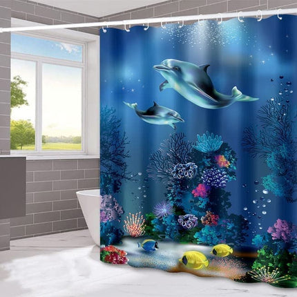 Waterproof Shower Curtain with Sea Turtle and Dolphin Motif, 180x200 cm, Dark Blue, Mildew Resistant.