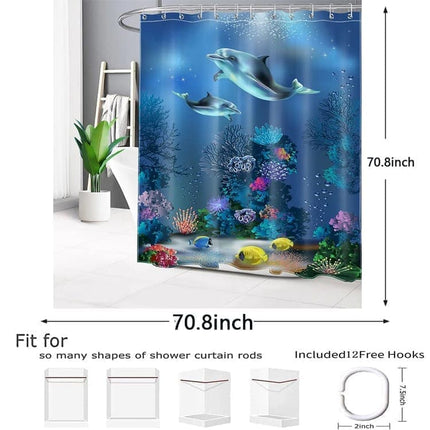 Waterproof Shower Curtain with Sea Turtle and Dolphin Motif, 180x200 cm, Dark Blue, Mildew Resistant.