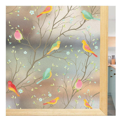 Privacy Protection Static Window Film with Bird Motif, UV and Blackout, for Living Rooms and Offices.