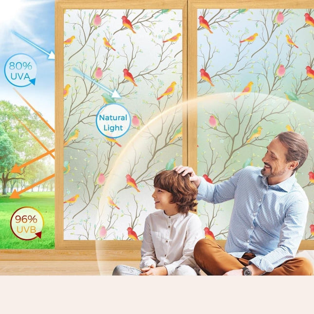 Privacy Protection Static Window Film with Bird Motif, UV and Blackout, for Living Rooms and Offices.
