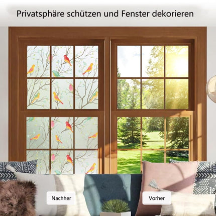 Privacy Protection Static Window Film with Bird Motif, UV and Blackout, for Living Rooms and Offices.