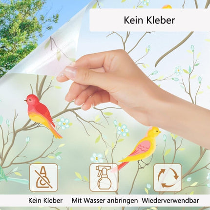 Privacy Protection Static Window Film with Bird Motif, UV and Blackout, for Living Rooms and Offices.