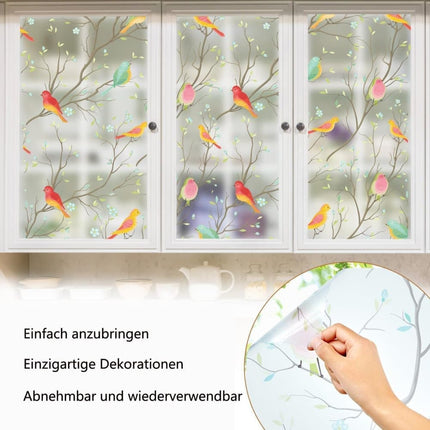 Privacy Protection Static Window Film with Bird Motif, UV and Blackout, for Living Rooms and Offices.