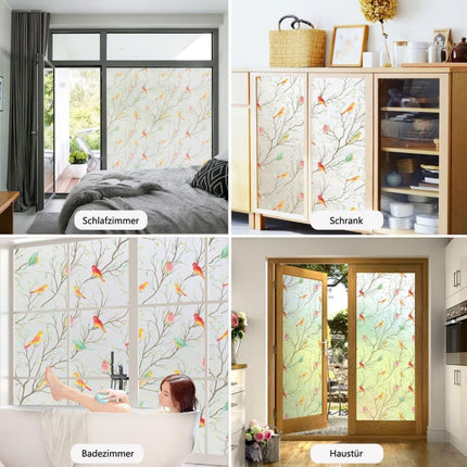 Privacy Protection Static Window Film with Bird Motif, UV and Blackout, for Living Rooms and Offices.