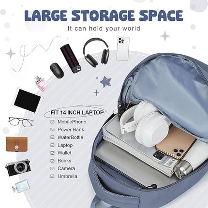 14-inch Laptop Backpack Waterproof Lightweight Daypack for School University, Dark Blue, Compatible with Girls Boys.