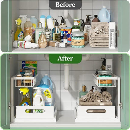 2-Tier White Storage Shelf Spice Rack for Kitchen Bathroom Drawer Organization.