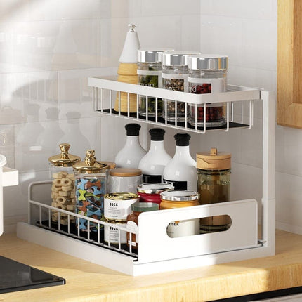 2-Tier White Storage Shelf Spice Rack for Kitchen Bathroom Drawer Organization.