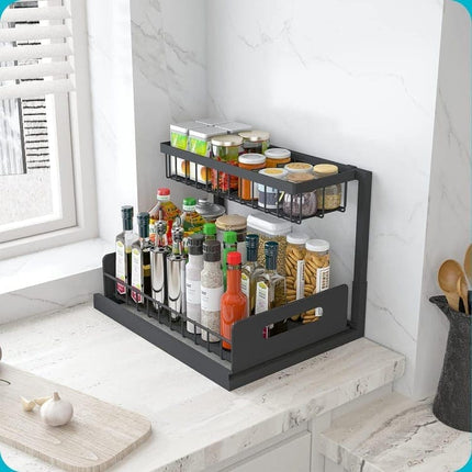 2-Tier Storage Shelf Spice Rack for Kitchen Bathroom Drawer Organization, Black.