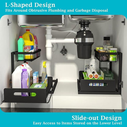 2-Tier Storage Shelf Spice Rack for Kitchen Bathroom Drawer Organization, Black.