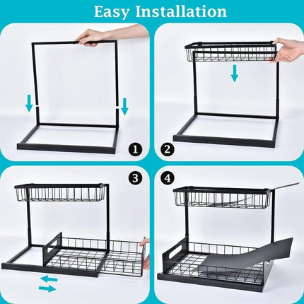 2-Tier Storage Shelf Spice Rack for Kitchen Bathroom Drawer Organization, Black.