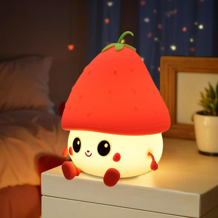 Strawberry LED Night Light USB Rechargeable Dimmable for Kids Baby Girls, Red, Silicone.