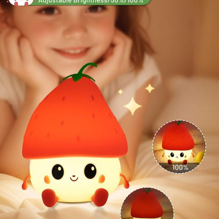 Strawberry LED Night Light USB Rechargeable Dimmable for Kids Baby Girls, Red, Silicone.