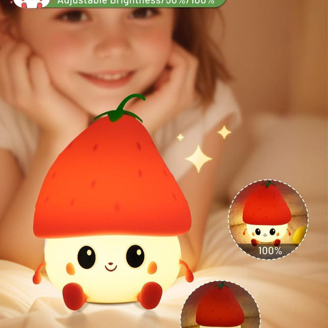 Strawberry LED Night Light USB Rechargeable Dimmable for Kids Baby Girls, Red, Silicone.