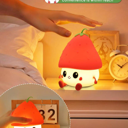 Strawberry LED Night Light USB Rechargeable Dimmable for Kids Baby Girls, Red, Silicone.