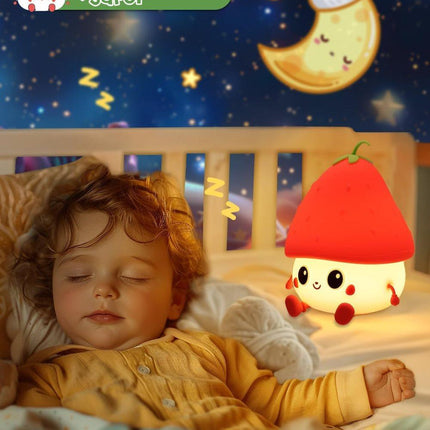 Strawberry LED Night Light USB Rechargeable Dimmable for Kids Baby Girls, Red, Silicone.