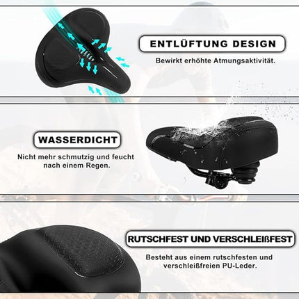 Comfortable unisex bicycle saddle with shock absorbers, breathable waterproof ergonomic design, Black.