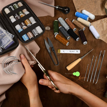 48-Piece Leather Sewing Kit with Needles, Scissors, Measuring Tape, Rivets and 12 Thread Colors.