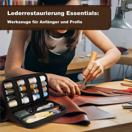 48-Piece Leather Sewing Kit with Needles, Scissors, Measuring Tape, Rivets and 12 Thread Colors.