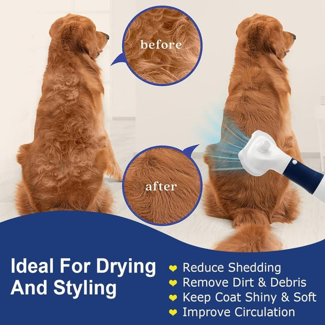 Pet Hair Dryer 3-in-1 with Brush, Portable Quiet Dog Cat Grooming Tool, 3 Heat Settings Overheat Protection, Blue.