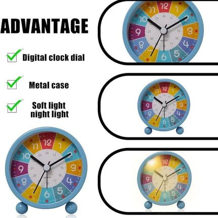 Silent Alarm Clock with Night Light for Children, Round, 8cm, Blue.