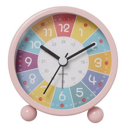 Colorful Silent Alarm Clock with Night Light for Children, 8cm Round, Pink.