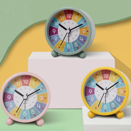 Colorful Silent Alarm Clock with Night Light for Children, 8cm Round, Yellow.