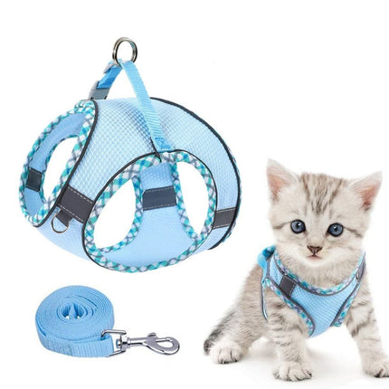 Adjustable Dog and Cat Harness with Leash Reflective Soft Secure Fit Light Blue, S.