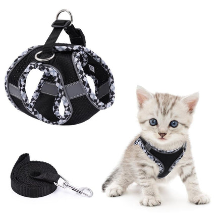 Adjustable Dog and Cat Harness with Leash Reflective Soft Secure Fit, L Black.