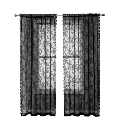 1 Pair Black Lace Curtain Semi-sheer Vintage Floral Pattern for Bedroom Living Room, W100cm x L200cm.