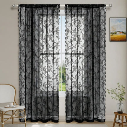 1 Pair Black Lace Curtain Semi-sheer Vintage Floral Pattern for Bedroom Living Room, W100cm x L200cm.
