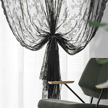 1 Pair Black Lace Curtain Semi-sheer Vintage Floral Pattern for Bedroom Living Room, W100cm x L200cm.