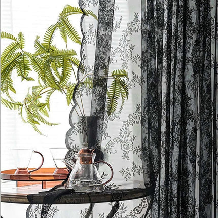 1 Pair Black Lace Curtain Semi-sheer Vintage Floral Pattern for Bedroom Living Room, W100cm x L200cm.