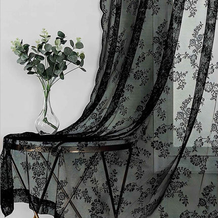 1 Pair Black Lace Curtain Semi-sheer Vintage Floral Pattern for Bedroom Living Room, W100cm x L200cm.