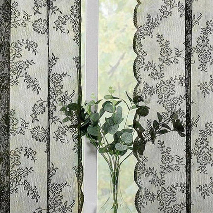 1 Pair Black Lace Curtain Semi-sheer Vintage Floral Pattern for Bedroom Living Room, W100cm x L200cm.
