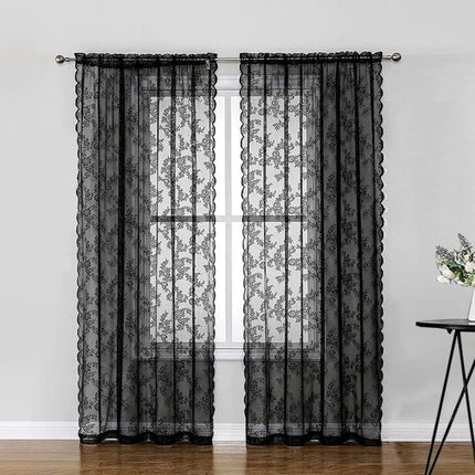 1 Pair Black Lace Curtain Semi-sheer Vintage Floral Pattern for Bedroom Living Room, W100cm x L200cm.