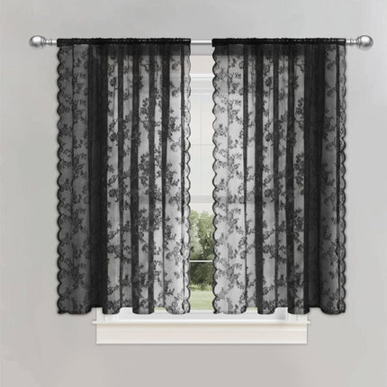 1 Pair Black Lace Curtain Semi-sheer Vintage Floral Pattern for Bedroom Living Room, W100cm x L200cm.