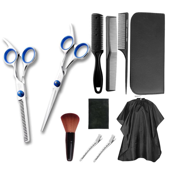 11-Piece Hairdressing Set with Scissors, Combs, Clips and Cape.
