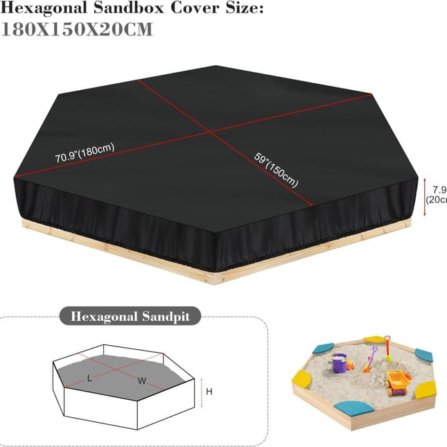 Hexagonal waterproof sandbox cover with drawstring, Oxford fabric, black, 180x150x20 cm.