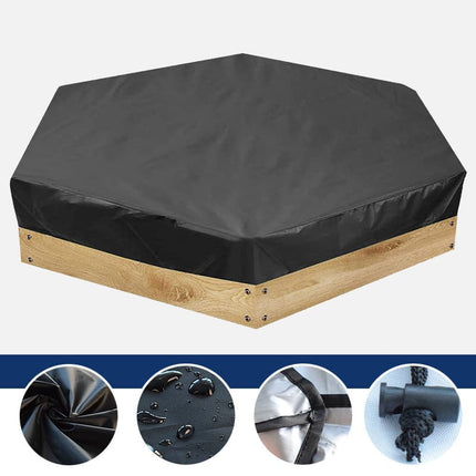 Hexagonal waterproof sandbox cover with drawstring, Oxford fabric, black, 180x150x20 cm.
