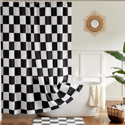Retro Chess Pattern Checkered Shower Curtain, Black, 180x180 cm.