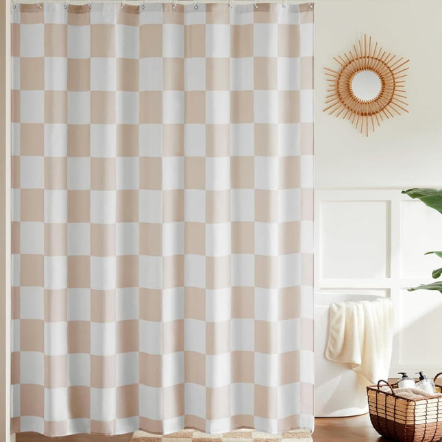 Checkered Shower Curtain 180x180 cm, Retro Chess Pattern Vintage Bathroom Decor, Beige.