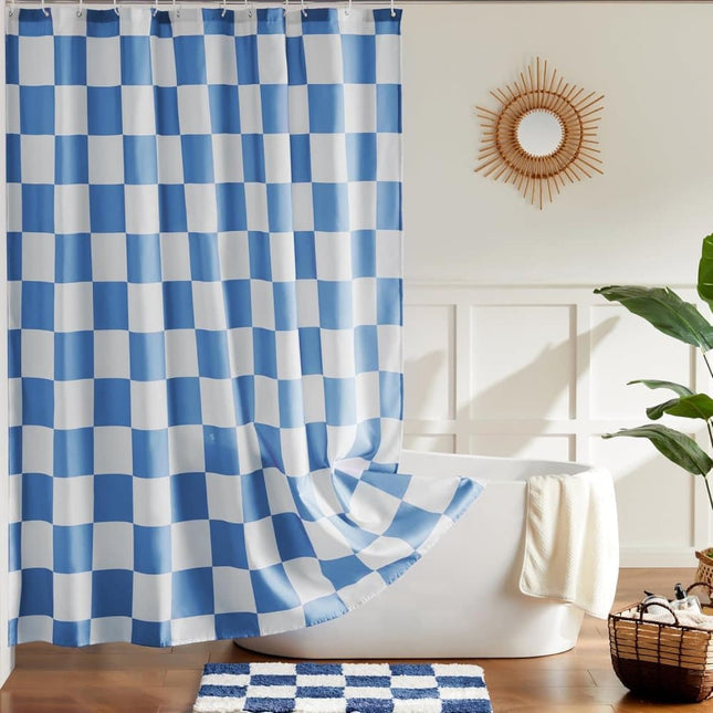 Checkered Shower Curtain, Retro Chess Pattern Vintage Aesthetics for Bathroom, Blue, 180x180 cm.