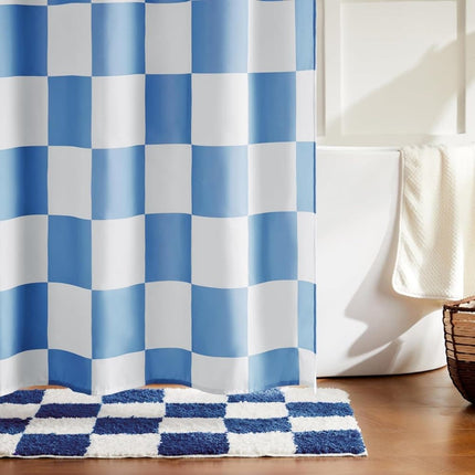 Checkered Shower Curtain, Retro Chess Pattern Vintage Aesthetics for Bathroom, Blue, 180x180 cm.