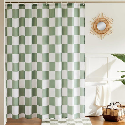Green Checkered Shower Curtain with Retro Chess Pattern, 180x180 cm.
