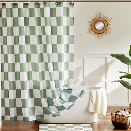 Green Checkered Shower Curtain with Retro Chess Pattern, 180x180 cm.