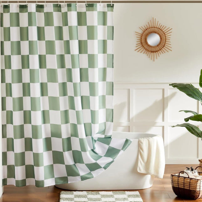 Green Checkered Shower Curtain with Retro Chess Pattern, 180x180 cm.