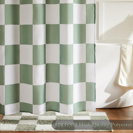 Green Checkered Shower Curtain with Retro Chess Pattern, 180x180 cm.