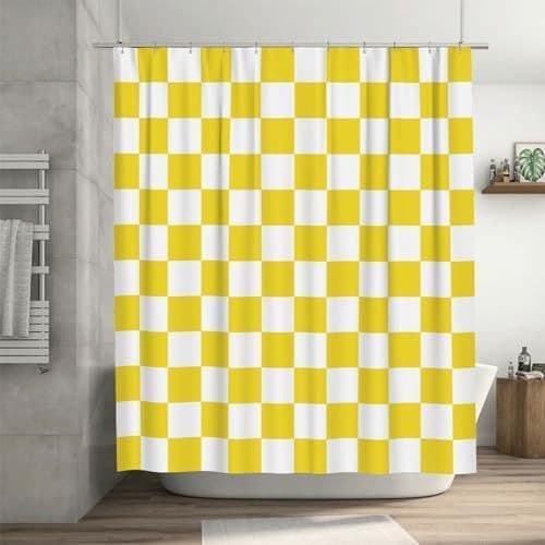 Checkered Shower Curtain 180x180 cm, Retro Chess Pattern Vintage Aesthetics for Bathroom, Yellow.